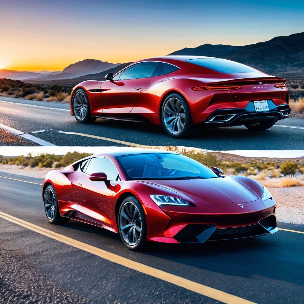A split image showcasing a sleek luxury car on one side with glistening surfaces under bright lights, and a budget-friendly car set against a scenic open road with blue skies. Overlay a map and travel essentials like a suitcase and a GPS device to represent a journey. Use dynamic lines to suggest movement and adventure. super-realistic. vibrant colors.
