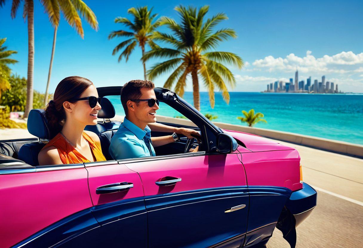 A split image showcasing a family enjoying a vacation road trip in a colorful convertible, on one side, with palm trees and sunny beaches in the background. On the other side, depict a sleek corporate executive in a luxury sedan parked in front of a modern skyline, representing professional travel. Incorporate elements like luggage, maps, and business briefcases to blend both themes. bright colors. super-realistic.