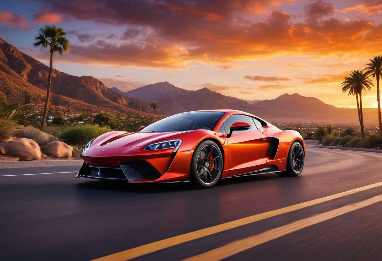 A luxurious landscape featuring a sleek exotic sports car parked in front of a stunning sunset backdrop, juxtaposed with a stylish economy car on a scenic road. The scene showcases vibrant colors, emphasizing the adventurous spirit of driving in style, with palm trees and mountains in the background. Include dynamic elements like a winding road and motion blur for excitement. super-realistic. vibrant colors. dramatic sunset.